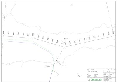 Situasjonsplan som viser topografi, vannkropp (Bjørnvann) og en planlagt vei eller grense.