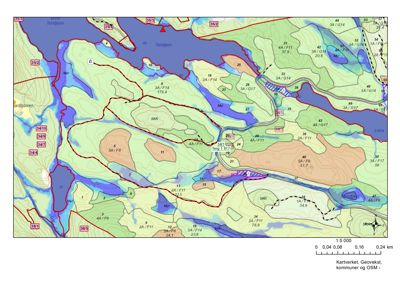 Kart over et område med topografi, vannmasser og arealbruk (f.eks. 'Myr', 'SKR').