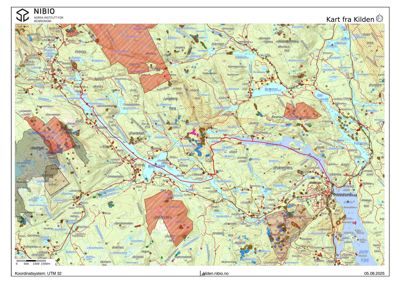 Et topografisk kart over et område i Norge (med navn som Bø, Hønefoss og Ringerike synlig), som viser terrengform, vannveier, veier og andre geografiske punkter.