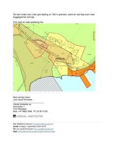 Kart som viser eiendomsgrenser, byggegrense mot sjø og eiendomsnummer.