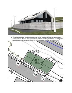 Bildet viser en situasjonsplan (tomtekart) med en tegnet bygning, mål på tomtegrenser (f.eks. 4,0, 3,4, 3,8) og arealopplysninger (55,9 m²).