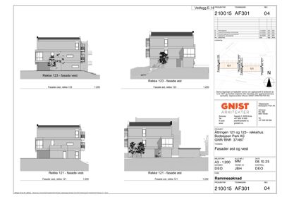 Fasadetegning som viser utsiden av to rekkehus (rekke 121 og 123) sett fra øst og vest.