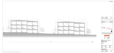 Snittegning (Snitt A-A) som viser bygningens tverrsnitt, høyder, etasjer og grunnplan.