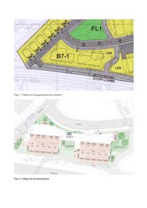 Bildet viser to utklipp fra en byggesak: øverst et utklipp fra bebyggelsesplanen (plankart) som viser tomtegrenser og arealer, og nederst et utklipp fra situasjonsplanen som viser bygningenes plassering i forhold til veier og omgivelser.