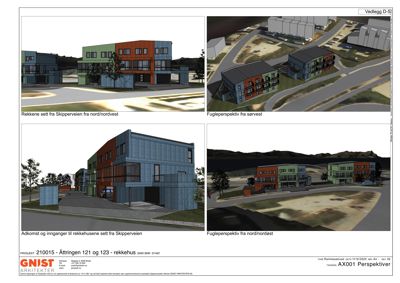 Bildet viser fire ulike perspektivtegninger (renderinger) av et rekkehusprosjekt, inkludert etasjeplaner, fasade og situasjonsvisninger.