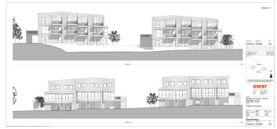 Fasadetegning som viser bygningens utseende sett fra nord og sør.