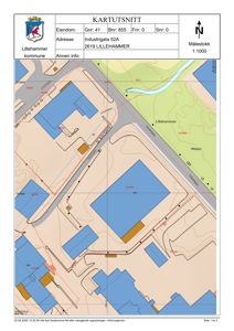 Kartutsnitt som viser eiendomsgranser, bygningssilhuetter, vegnett og topografi for eiendommen på Industrigata 52A i Lillehammer.