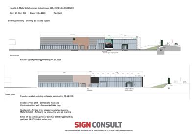 Fasadetegning som viser fronten av bygningen med detaljer om vinduer, dører og skilt.