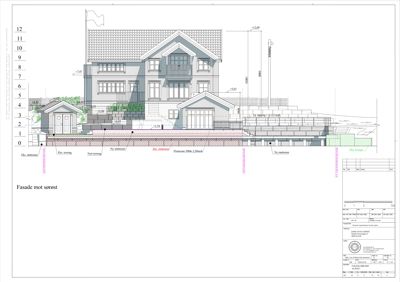 Fasadetegning av en bolig sett fra sørøst, med høydeangivelser og konstruksjonsdetaljer.
