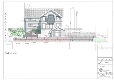Fasadetegning av en bolig sett fra sørøst, med høydeangivelser og grunnplan.