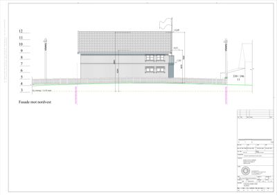 Fasadetegning av en bygning sett fra nordvest med høydeangivelser.