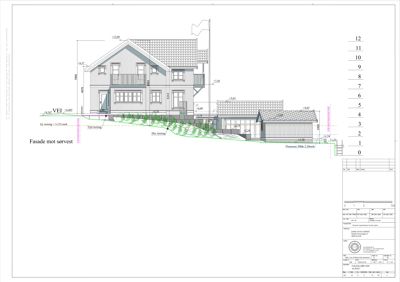 Fasadetegning av en bygning sett fra sørvest med høydeangivelser og terrengprofil.