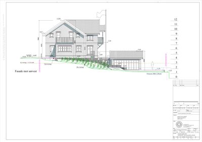 Fasadetegning av en bygning sett fra sørvest med høydeangivelser og terrengprofil.