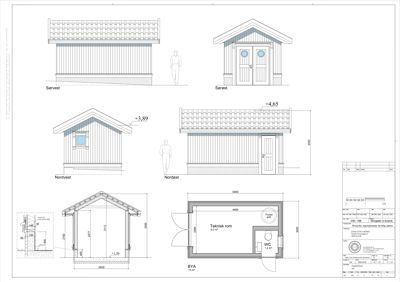 Bildet viser en fasadetekning med utsnitt av bygningens sider (Sørvest, Sørøst, Nordvest, Nordøst) samt et snitt og et etasjeplan.