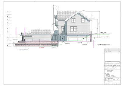 Fasadetegning som viser bygningens utseende sett fra nordøst, med høydeangivelser og konstruksjonsdetaljer.