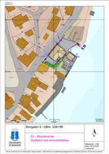 Situasjonsplan som viser tomtens beliggenhet i forhold til nabolag, veier og vann. Planen inneholder også et eksisterende bygg med rominndeling og en ny planlagt inngang.