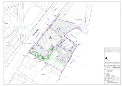 Situasjonsplan som viser tomtens grenser, naboeiendommer, vegnett og planlagt beplantning.