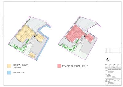 Situasjonsplan som viser to bygninger på en tomt med angivelse av areal (NY BYA, BYA GITT TILLATELSE) og plassering av ny brygge.