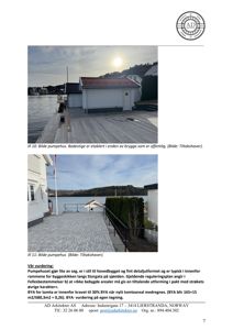 Fotografier av et pumpehus og tilhørende utemiljø, inkludert en brygge og en steinlagt plass.