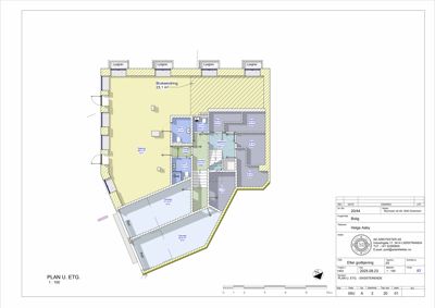 Etasjeplan (PLAN U. ETG.) som viser romfordeling, arealer og funksjoner i en bygning.