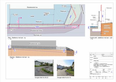 En tegning som viser et planutsnitt (snitt) av en støttemur og tilhørende terreng, samt en oppriss. Den inneholder også to fotografier av eksisterende forhold.