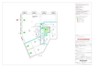 Etasjeplan (branntegning) som viser romfordeling, dører, trapperom og branncellebegrensninger.