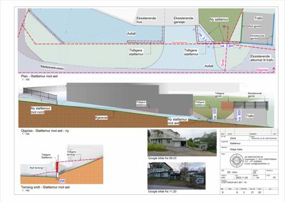En tegningsside som viser en situasjonsplan for støttemur, et oppriss (fakadetekning) og et terrengsnitt, samt to referansebilder fra Google.