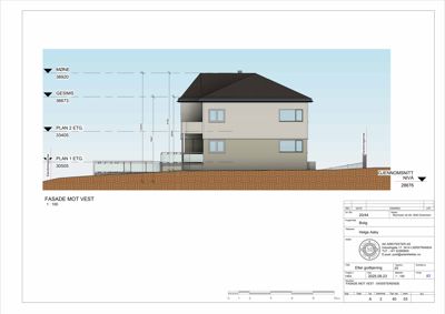 Gjennomsnitt (snittegning) av en bolig med fasade mot vest, nivåangivelser og eiendomsgrenser.