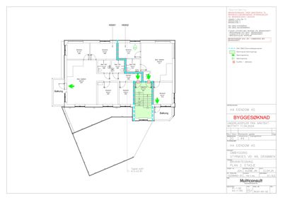 Brannplan (etasjeplan) som viser romfordeling, brannvegger og rømningsveier for 2. etasje.