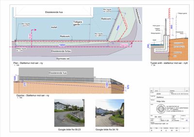 En tegningsside som viser et plan (topplan) og et snitt av en støttemur, samt oppriss og to referansebilder.