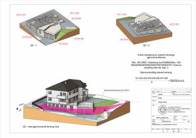 3D-visualiseringer av et planlagt hus med beregning av gjennomsnittlig terrengnivå