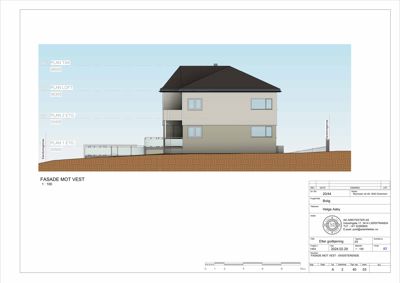 Fasadetegning av en bolig sett fra vest, med høydeangivelser for ulike etasjer.