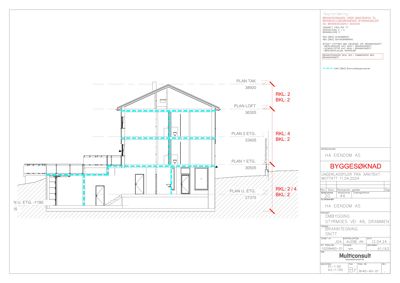 Brannsnitt (Branntegning Snitt) som viser bygningens tverrsnitt, etasjehøyder og brannklassifisering.