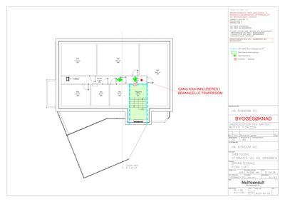 Brannplan (etasjeplan) som viser romfordeling, brannvegger og rømningsveier.