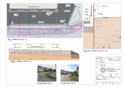 Bildet viser en byggesak med flere tegninger, inkludert et snitt (Typisk snitt) og et oppriss av en støttemur, samt to referansebilder fra Google.