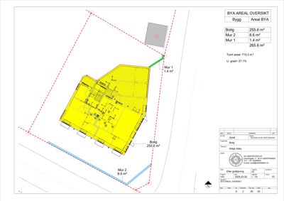 Situasjonsplan som viser bygningens plassering på tomten, med arealoversikt og grenser.