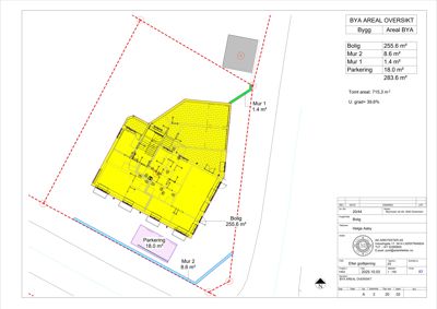 Situasjonsplan som viser bygningens plassering på tomten, med arealoversikt og grenser.