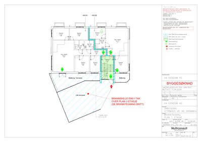 Brannplan (etasjeplan) som viser romfordeling, brannskille, rømningsveier og tekniske krav for 1. etasje.