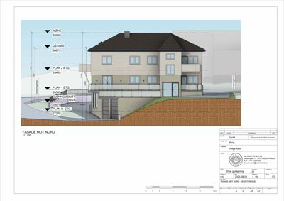 Fasadetegning av en bolig sett fra nord, med høydeangivelser og nivåmerker.