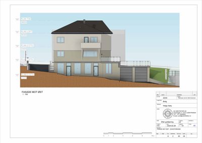 Fasadetegning (oppriks) av en bolig sett fra øst, med høydeangivelser for ulike etasjer.