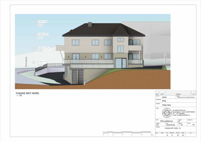Fasadetegning av en bolig sett fra nord, med høydeangivelser for ulike etasjer.