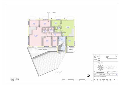 Etasjeplan (1. etasje) som viser romfordeling, arealer og balkonger.