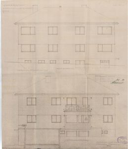 Arkitekttegning som viser fasadeoppriks av en bolig. Bildet inneholder to utsnitt av bygningens front, med håndskrevne notater om retning (SØ, NORD) og en godkjenningsstempel.