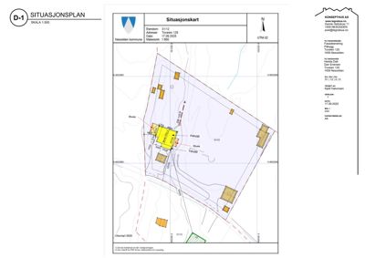 Situasjonsplan (situasjonskart) som viser eiendomsgrunnlinjer, eksisterende og planlagt bebyggelse, topografi og infrastruktur.