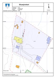 Situasjonskart som viser eiendomsnummer, adresse, dato, målestokk og bygningsplassering i forhold til nabolag.
