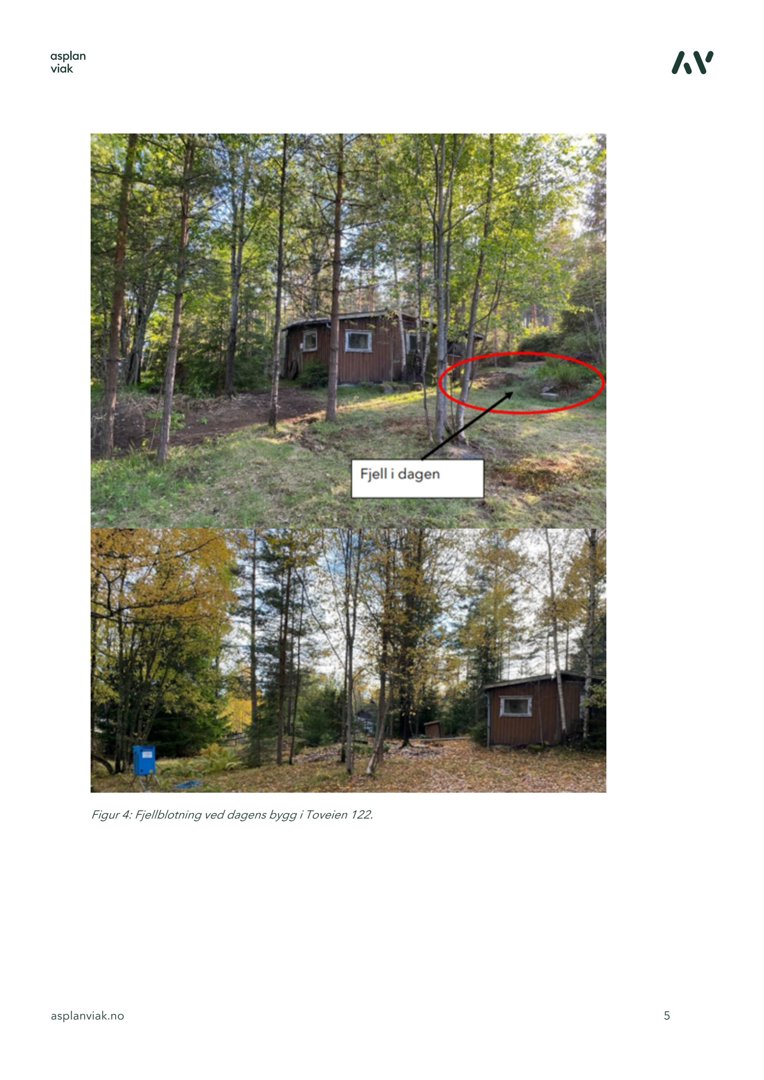 Fotografier av en bygning (fjellblo) i dagens tilstand, med annotasjoner og en figurtekst.