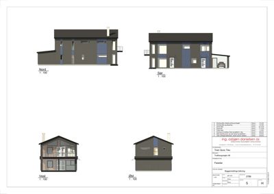 Fasadetegning som viser bygningens utseende fra fire sider (Nord, Sør, Vest, Øst) med mål og detaljer.