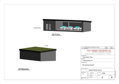 3D-visning (rendering) av en sykkelgarasje med front- og baksideperspektiv.