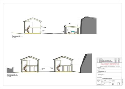 Tegning som viser tverrsnitt gjennom bygningen (terrensnitt) med oppgitt høyder og nivåer.