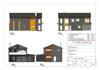 Fasadetegning som viser bygningens utseende fra fire sider (Nord, Sør, Vest, Øst) med mål og detaljer.